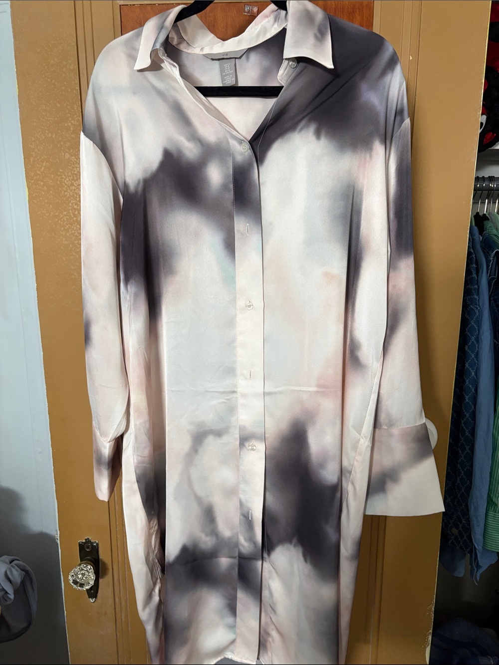 H&M Satin Button-Up Dress in Soft Gray and Blush